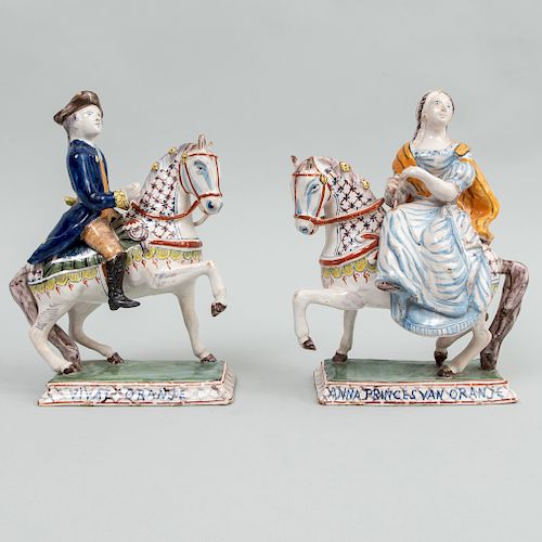 Pair of Dutch Polychrome Delft Commemorative Figures, 'Vivat Oranje' and 'Anna Princes Van Oranje'