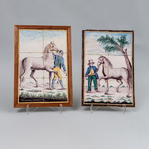 Two Delftware Six Tile Pictures of Figures with Horses