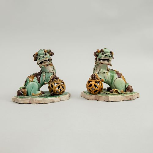 Small Pair of Chinese Famille Verte Porcelain Figures of Buddhistic Lions 