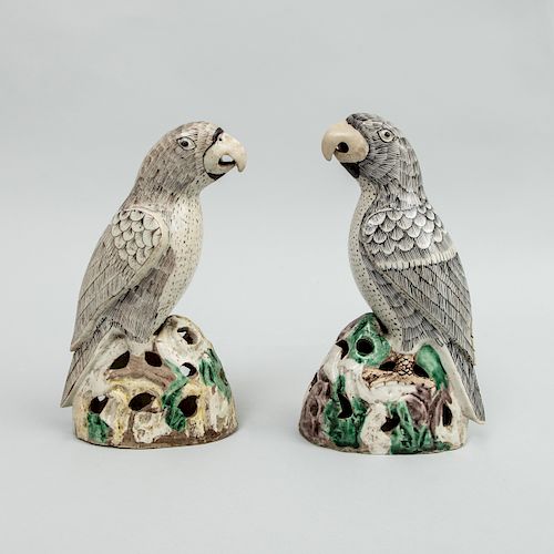 Near Pair of Chinese Export Famille Verte and Biscuit Porcelain Parrots