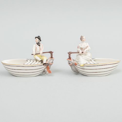Pair of Frankenthal/Nymphenburg Porcelain Boat Form Salts with Boy or Girl at Rudder