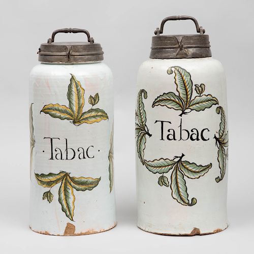 Pair of French Faience Tobacco Jars with Pewter Covers