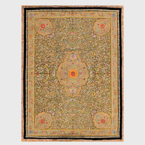 Indian Gold Thread Embroidered Velvet and Hardstone Rug, Mughal Style
