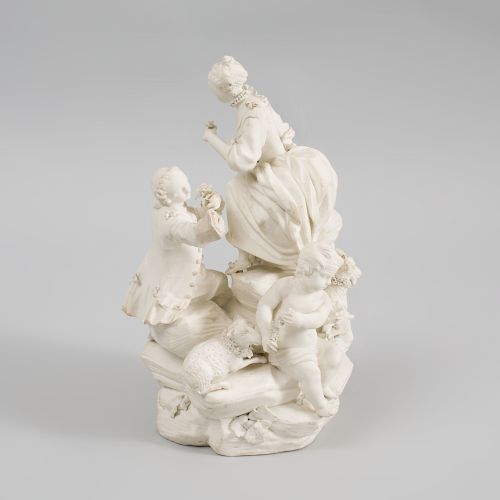 French Biscuit Porcelain Figure Group of an Amorous Couple with Two Putti, Ewe, and Goat