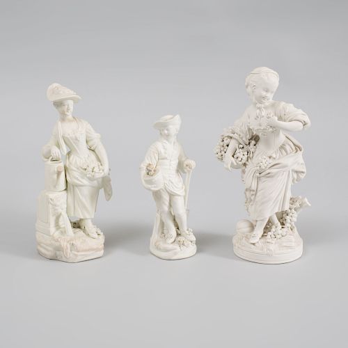 Three Derby Biscuit Porcelain Figures of Gardeners