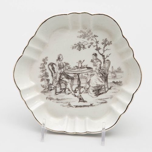 Worcester Lobed Hexagonal Transfer Printed Porcelain Teapot Stand, After an Engraving by Robert Hancock in ‰Û÷The Tea Party‰Ûª No. 3 Pattern