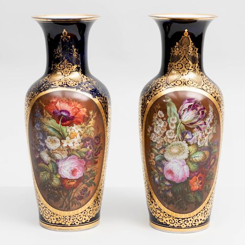 Pair of Paris Porcelain Cobalt Ground Vases