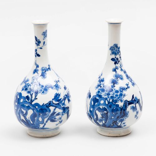 Pair of Chinese Blue and White Porcelain Bottle Vases