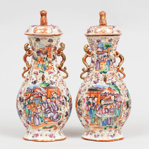 Pair of Chinese Export Mandarin Pallette Porcelain Vases and Covers