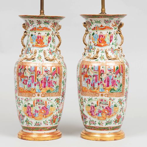 Pair of Chinese Rose Medallion Porcelain Baluster Vases, Mounted as Lamps
