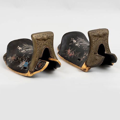  Pair of Chinese Gilt-Metal Mounted Lacquer Ceremonial Saddles 