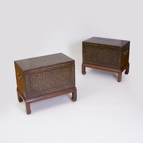 Pair of Indian Black Lacquer and Parcel-Gilt Trunks on Later Stands, Possibly Bareilly 