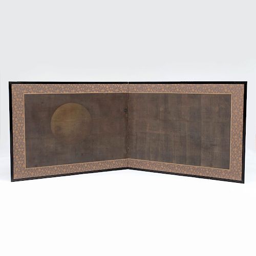 Japanese Painted Paper Two Fold Screen, 'Full Moon'