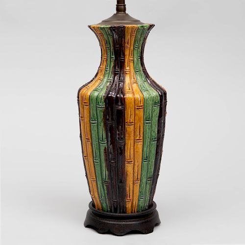Chinese Green, Yellow and Aubergine Glazed Porcelain Faux Bamboo Vase, Mounted as a Lamp