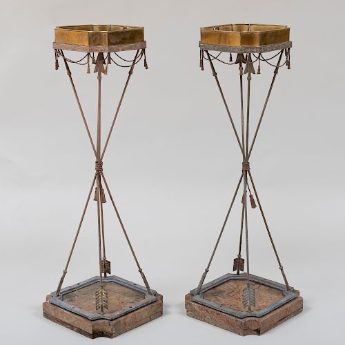 Pair of Directoire Style Brass, Metal and Faux Marble Plant Stands