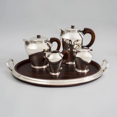 Belgian Art Deco Silver Four Piece Tea and Coffee Service with Matching Silver-Mounted Rosewood Tray