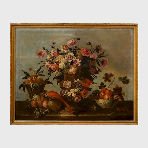 Jean-Baptiste Monnoyer (1636-1699): Roses, Hydrangeas, Peonies and Other Flowers in a Krater Vase with a Basket of Oranges, a Bowl of Peaches and Grap