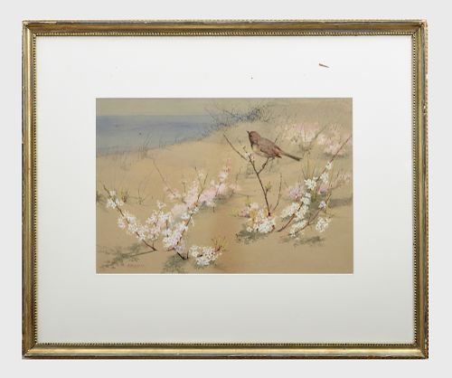 Fidelia Bridges (1834-1923): Bird on Beach with Flowers