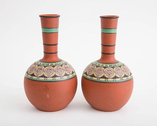 PAIR OF ENGLISH DECORATED TERRACOTTA WATER BOTTLES