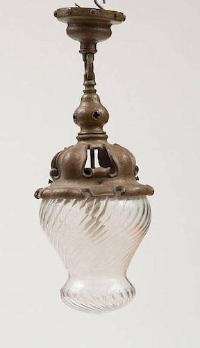 ARTS AND CRAFTS HAND-HAMMERED BRASS AND CUT-GLASS HALL LANTERN