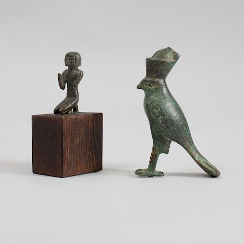 Egyptian Bronze Figure of Horus and a Bronze Miniature Kneeling Figure