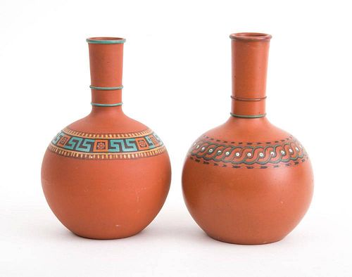 TWO ENGLISH DECORATED TERRACOTTA WATER BOTTLES