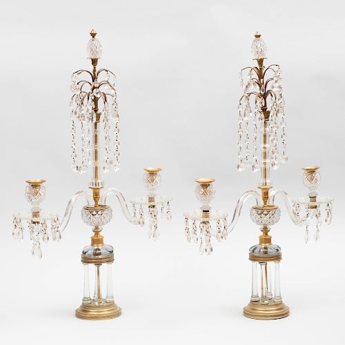 Pair of George III Brass-Mounted and Cut Glass Two-Light Candelabra