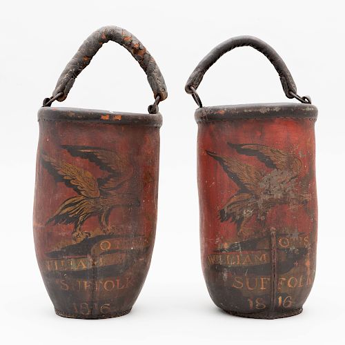 Pair of English Polychrome Painted Leather Fire Buckets