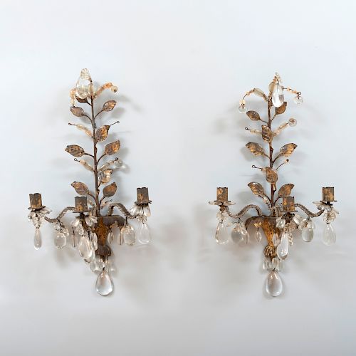 Pair of French Three Light Gilt-Metal and Glass Luster Sconces, After Maison Baguès