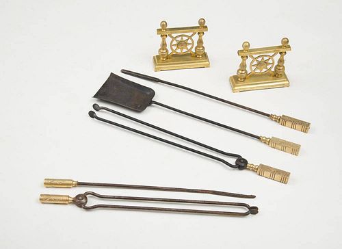 FIVE ENGLISH AESTHETIC MOVEMENT BRASS AND STEEL FIRE PLACE TOOLS AND TWO RESTS