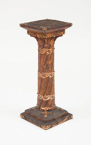 UNUSUAL LEATHER-COVERED AND COPPER-DECORATED PEDESTAL