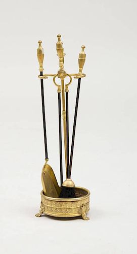 ENGLISH AESTHETIC MOVEMENT BRASS AND STEEL FIREPLACE TOOL STAND AND ASSOCIATED TOOLS