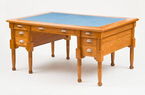 AMERICAN AESTHETIC MOVEMENT SATINWOOD PARTNER'S DESK, IN THE MANNER OF LOUIS COMFORT TIFFANY