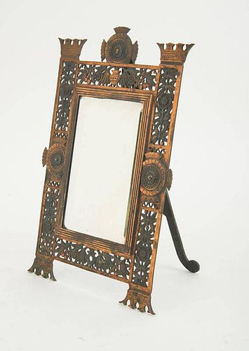 AMERICAN AESTHETIC MOVEMENT PATINATED BRASS TABLE MIRROR, POSSIBLY BRADLEY AND HUBBARD