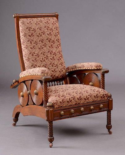 AMERICAN AESTHETIC MOVEMENT OAK AND BRASS MORRIS CHAIR