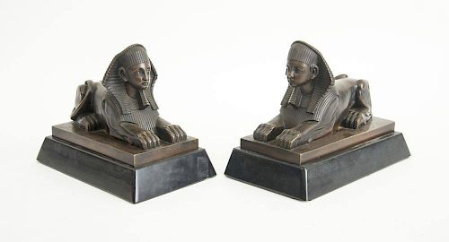 PAIR OF BRONZE AND BELGIAN BLACK MARBLE MODELS OF THE QUEEN HATSHEPSUT SPHINX, PROBABLY FRENCH