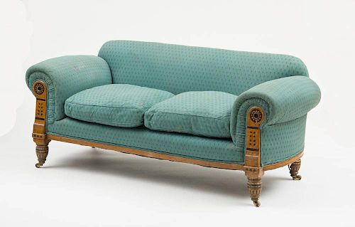 ENGLISH AESTHETIC MOVEMENT INLAID WOOD AND PARCEL-GILT SOFA