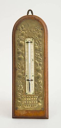 AESTHETIC MOVEMENT BRASS AND OAK THERMOMETER