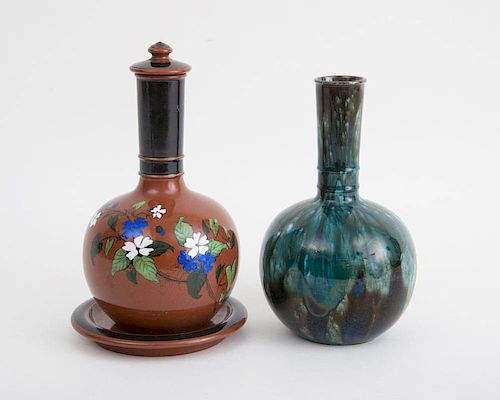 TWO ENGLISH DECORATED TERRACOTTA WATER BOTTLES