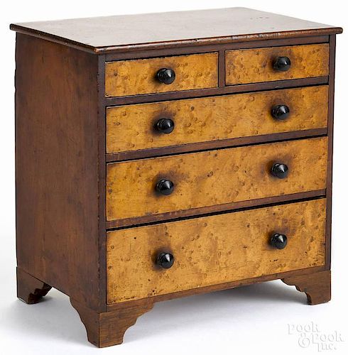 New England miniature cherry and bird's-eye maple chest of drawers, ca. 1820, 12 1/2'' h., 12'' w.