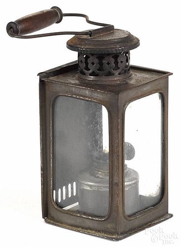 Miniature tin carry lantern, 19th c., with a turned wood handle, 5'' h.