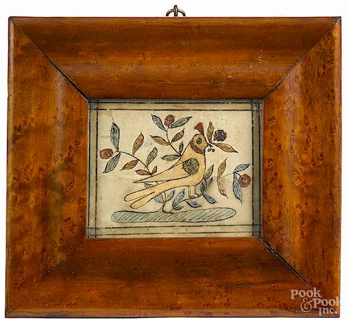 Pennsylvania pen and ink fraktur reward of merit, early 19th c., of a bird with a berry branch
