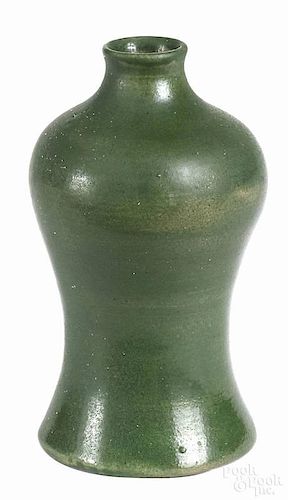 Tiffany favrile pottery vase with green glaze paper label on underside, incised monogram LCT