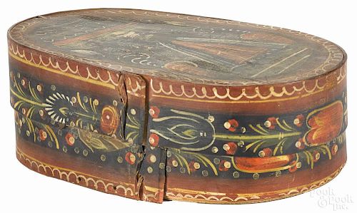 Continental painted bentwood bride's box, 19th c., retaining its original polychrome surface