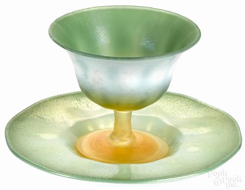 Tiffany favrile glass sherbet and undertray, both signed on base L.C.T. Favrile, 3 3/4'' x 6 1/2''
