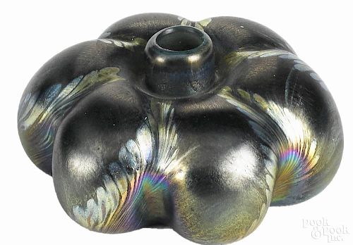 Tiffany favrile glass inkwell, of lobed form with feather design, inscribed on base L.C.T. R639