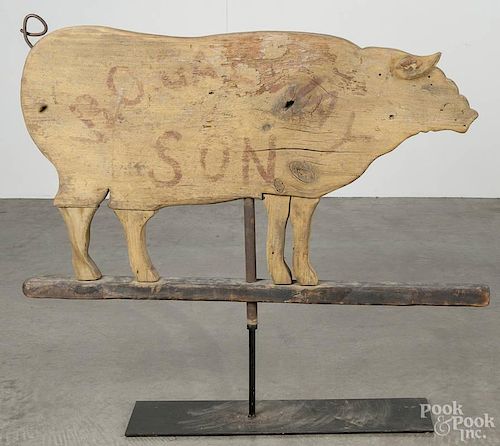 Painted pine pig trade sign, early 20th c., 26'' x 43''.