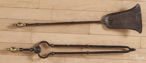 Pair of Federal brass and iron fire tongs and shovel, ca. 1800, with urn finials, 27 1/2'' l.