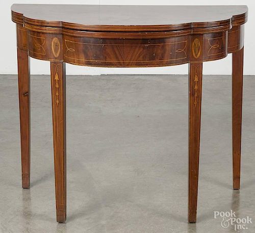 Maryland Hepplewhite mahogany card table, ca. 1800, with lily of the valley and bellflower chain