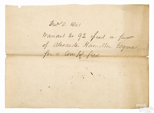 Alexander Hamilton signed document, dated Dec. 8, 1801, inscribed Warrant no. 92